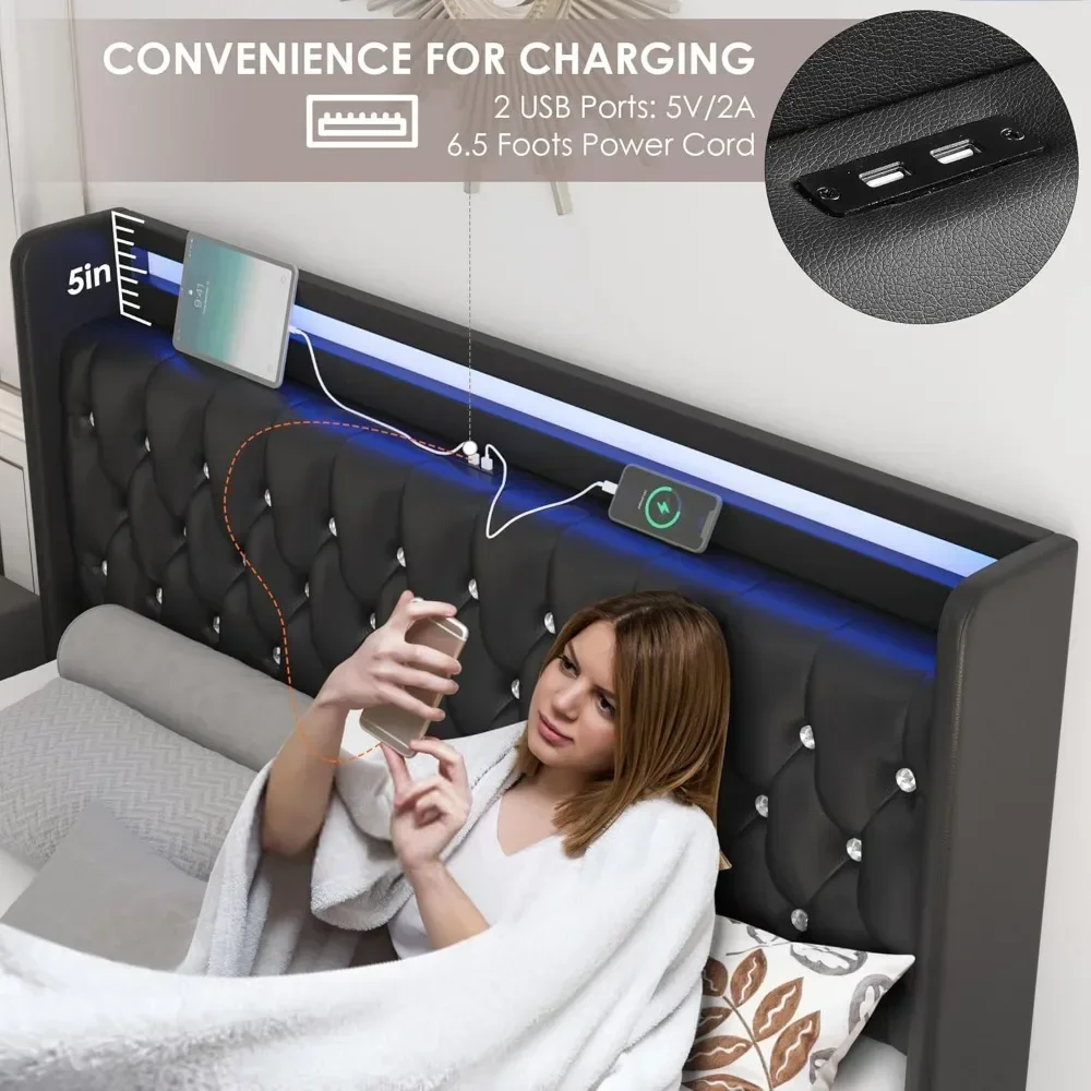 Cadre de lit King LED avec station de charge et 4 égouts de proximité de stockage, panneau de sauna à oreilles avec bouton en cristal décroissant à la main