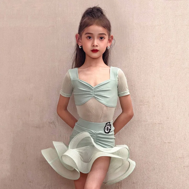 New Spring Summer Girls Latin Dance Costume Kids Viral High-End Practice Outfit Children Performance Competition Dancewear Set