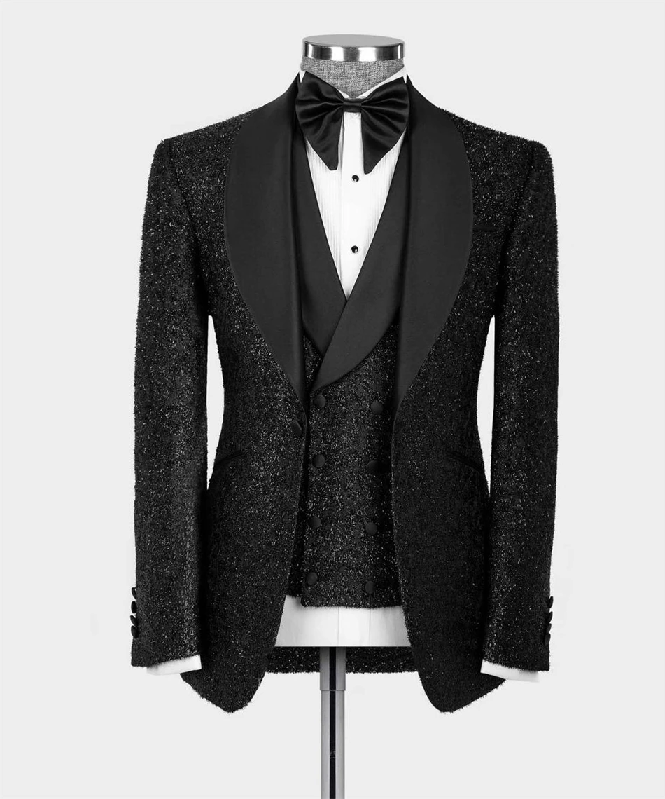 Traje de boda completo con purpurina para hombre, esmoquin de novio, chaqueta de 2 orificios, chaleco, pantalones, ropa de fiesta para ocasiones especiales