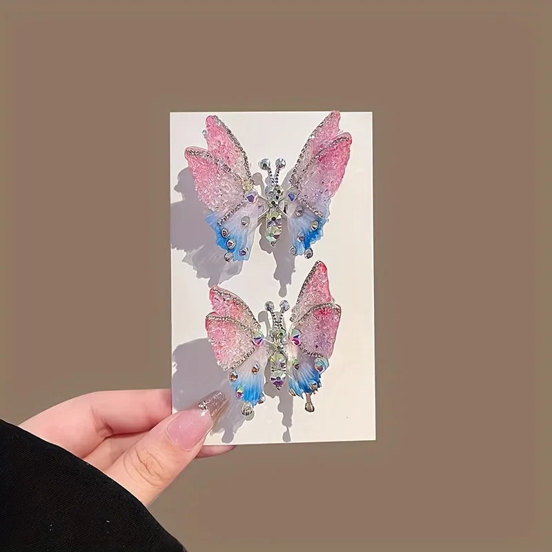 

1pc Sweet Style Gradient Rhinestone Butterfly Hair Clip, Plastic Hair Accessory with Bright Color Printing, Font Shape