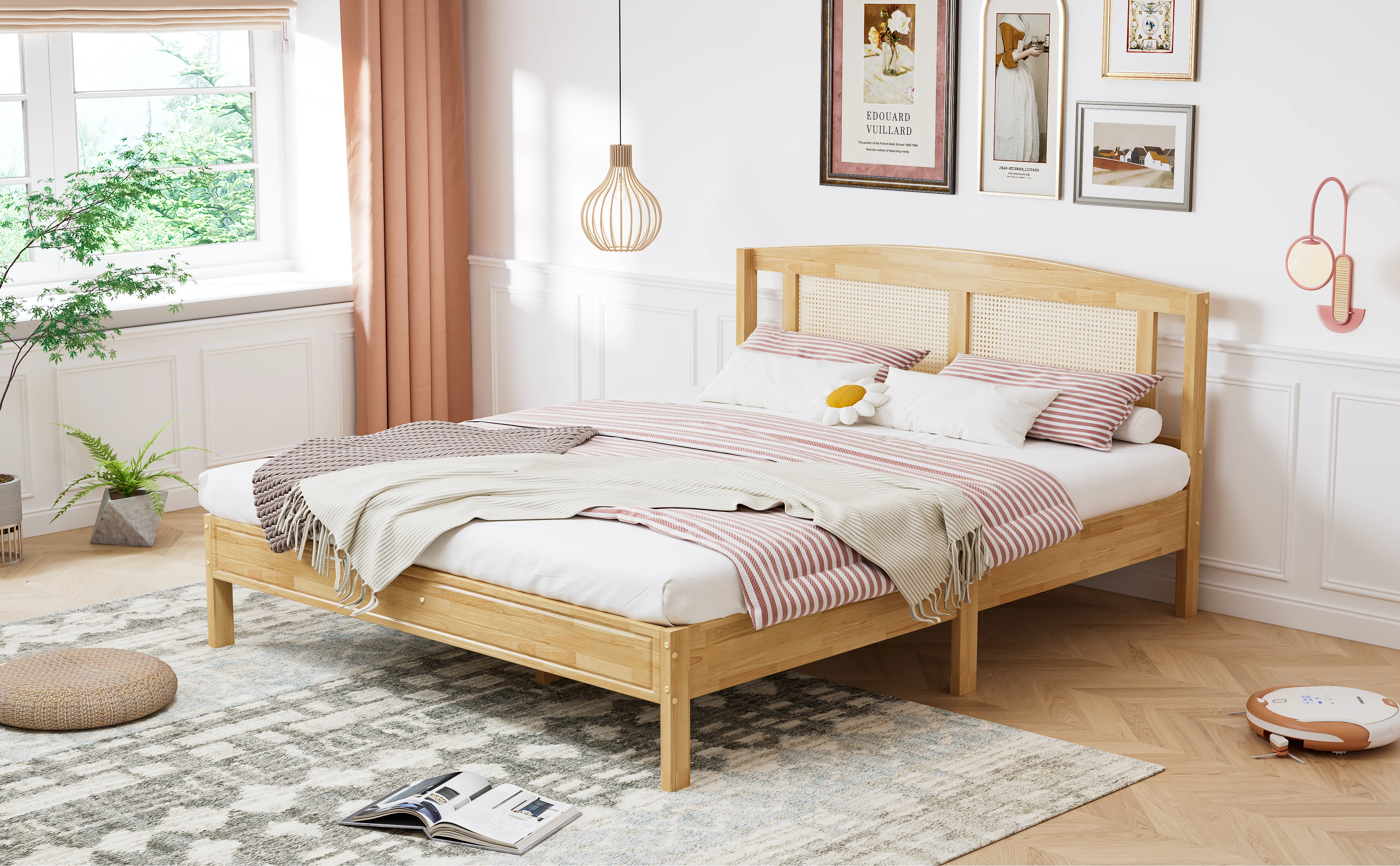 PINGGO Naturrattan-Doppelbett 160x200cm Kiefernholz PE-Rattan 15 Latten Mittelstützfüße Rattan-Netzkissen Ohne Matratze – Detail 1