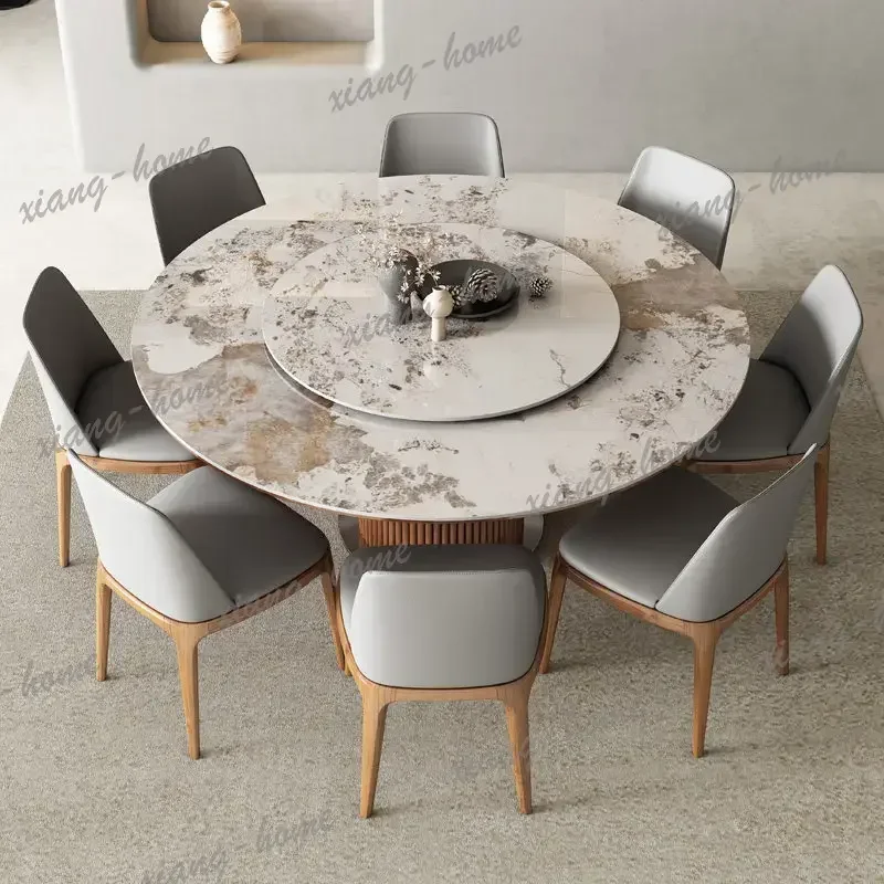 LJY Nordic Wabi‑Sabi Round Dining Table Wooden Fluted Base Sintered Stone Dinner Table with Built‑in Lazy Susan for Home Dining