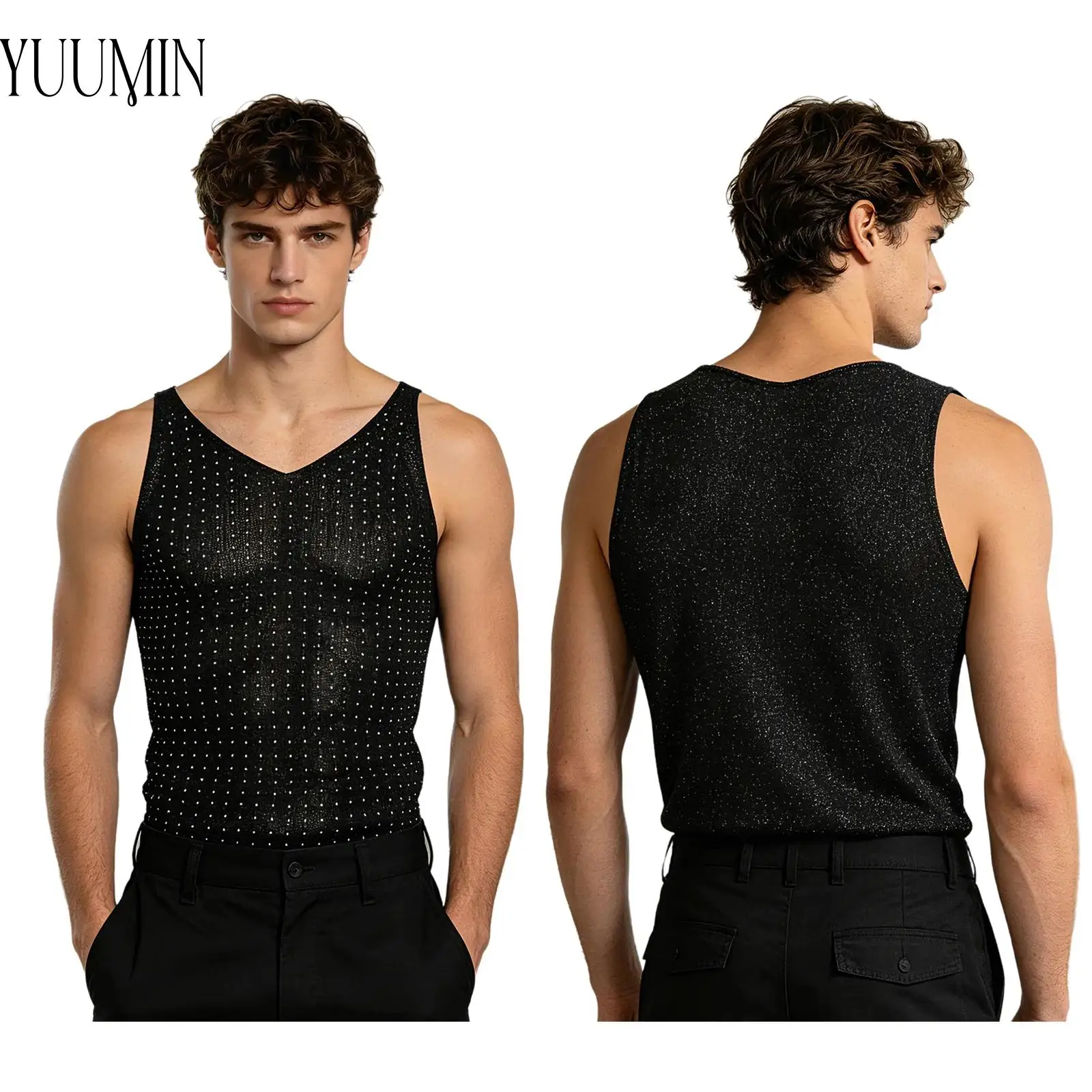 

Sexy Men Tank Top Sparkly Rhinestone Shimmery Knitted Vest V-neck Sleeveless for Rave Party Music Festival
