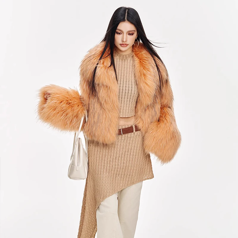 Ftangaiur Women Winter Import Raccoon Dog Fur Coat Light Color Fur Coats Turn-Down Collar Short Natural Raccoon Dog Fur Coats