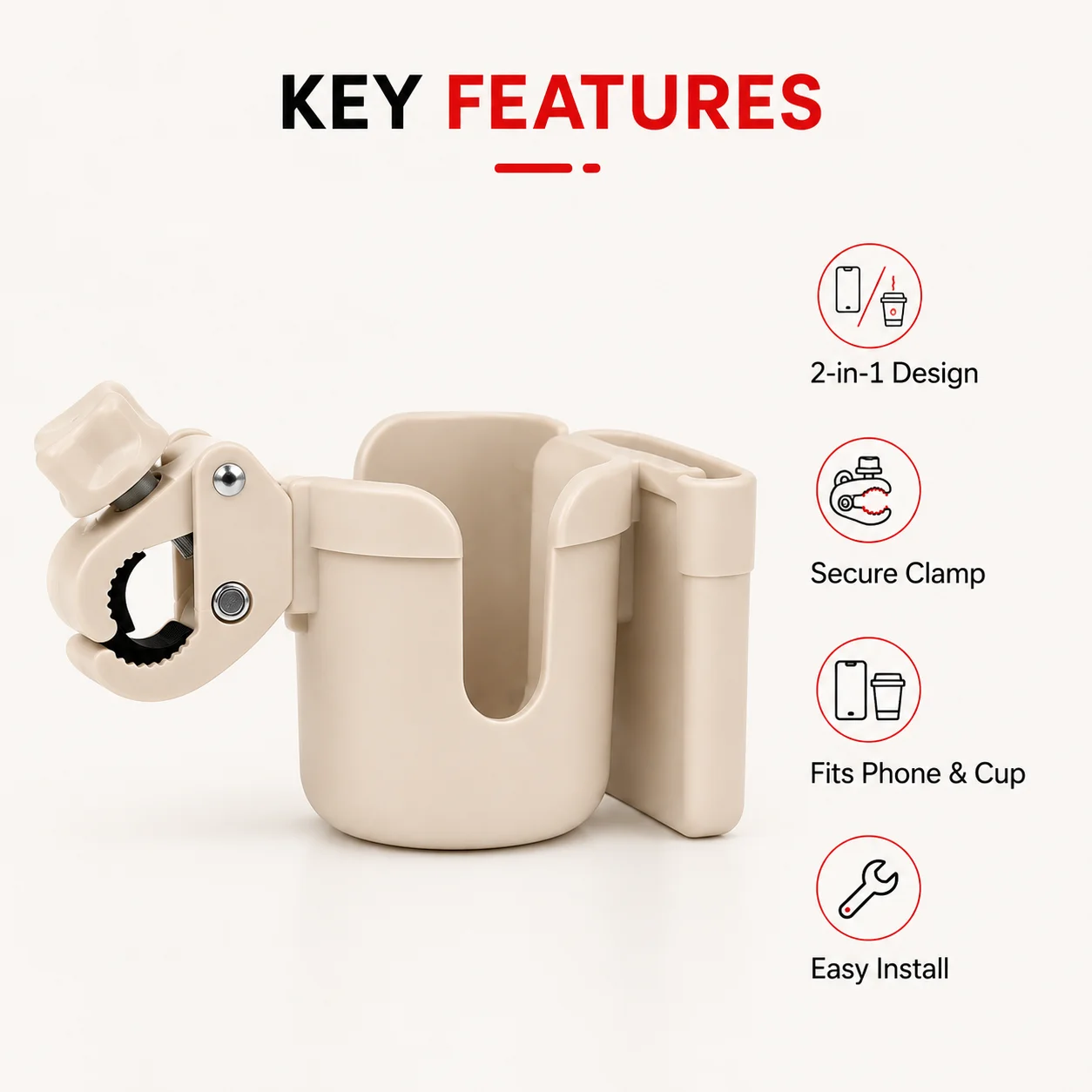 PINMOAP 1P 2 In 1 Stroller Cup Phone Holder Universal No-Drill Mount For Baby Stroller E-Bike Bicycle Scooter Travel Drink Stora