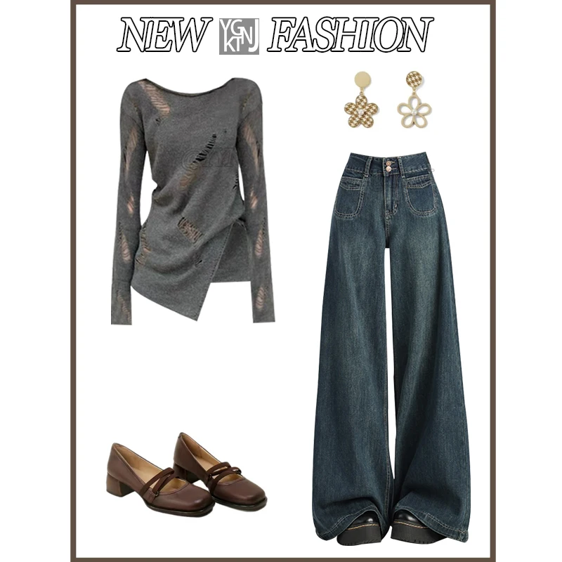 Herfstseizoen jeans met hoge taille en wijde pijpen, tweedelige set met gebreid gatontwerp Top voor trendy meisjes Casual Sle Faion-set