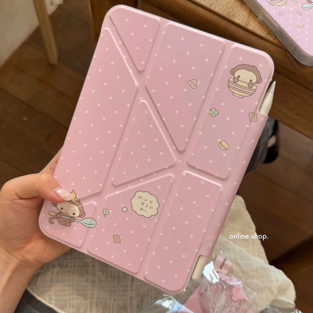 Ins Sweet Pink Cute Dot Monkey Y2K Tablet Case For iPad Pro 13in 11th M5M4 12.9in A16 7/8/9/10th Air4/5/6/7 11in M2M3 Mini Cover