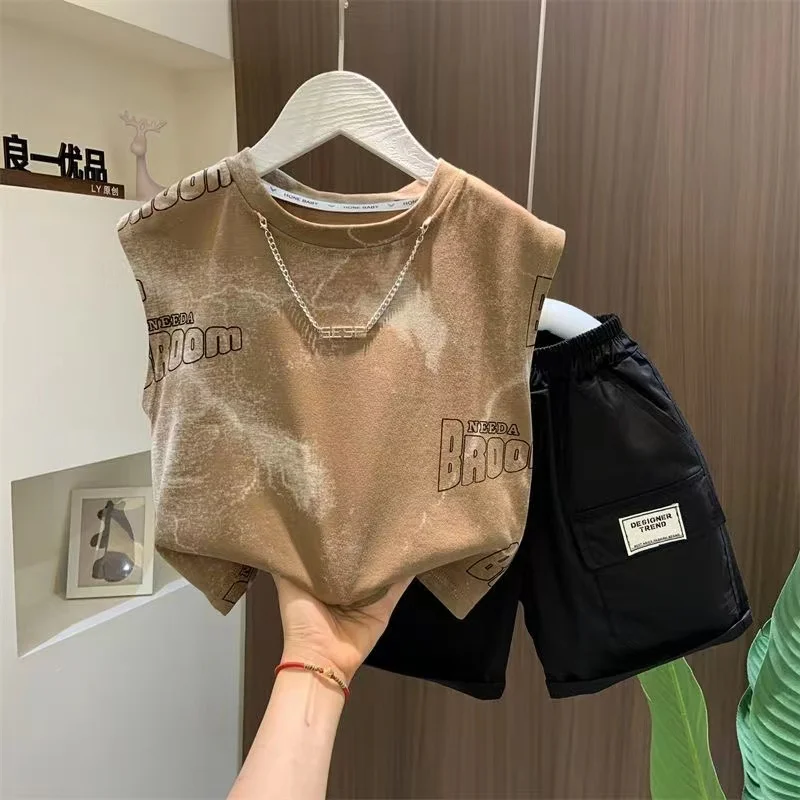 Jersey sin mangas de algodón con letras, camisetas y pantalones cortos, traje de 2 piezas, trajes de verano, nueva moda Boutique, ropa deportiva para bebés