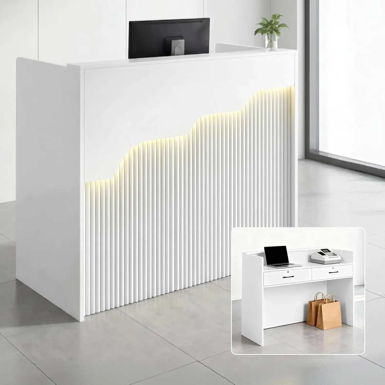 

Белая стойка-касса с LED-подсветкой 47,2 дюйма, с запирающимся ящиком, для салона, розничной торговли, офиса, лобби