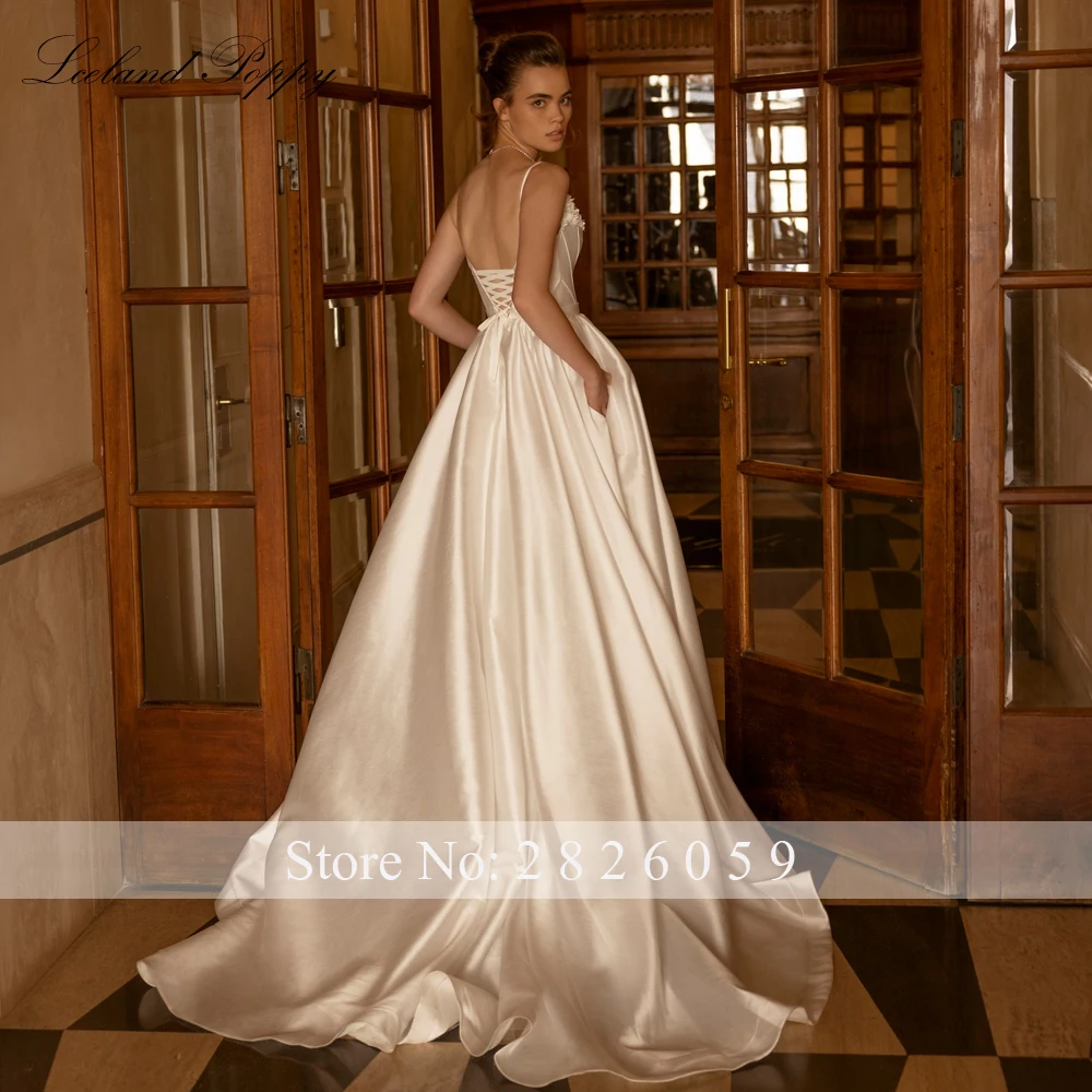 Lceland Poppy Customized A Line V Neck Satin Wedding Dresses Sleeveless Bridal Gowns with Pockets