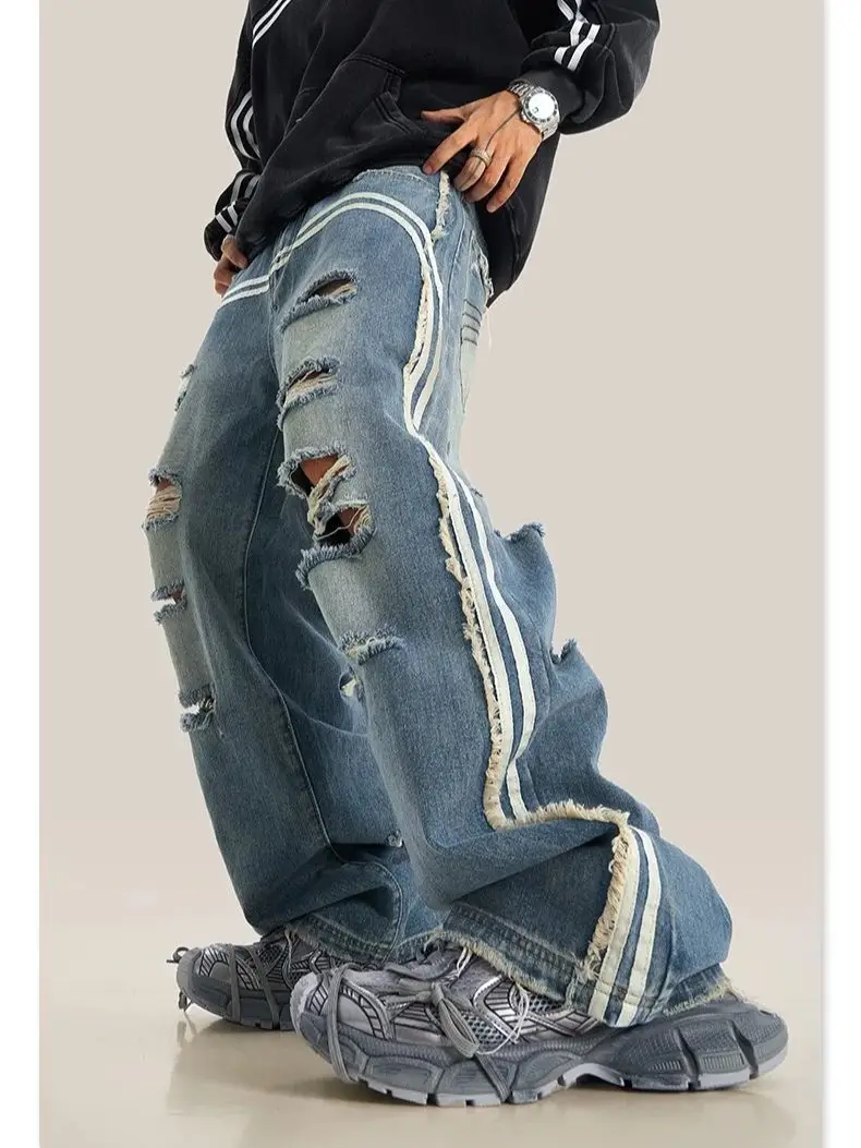 Amirise 405G Stripes Ripped Jeans Men Designer Clothes 2000s Y2K Style 2025 New Cargo Pants Straight Leg Streetwear Baggy Jeans