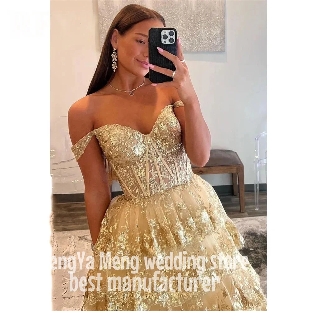 Zhuishu inchado ouro vestido de noite fora do ombro vestidos de noche querida em camadas vestido de baile apliques vestido de festa personalizado