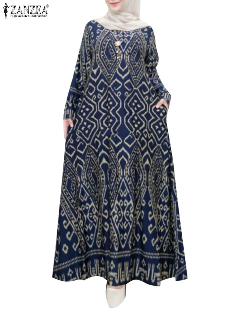 ZANZEA Vintage Printing Holiday Maxi Dress Casual Bohemian Muslim Long Sleeve Dubai Vestido Elegant Women Loose Long Robe Kaftan