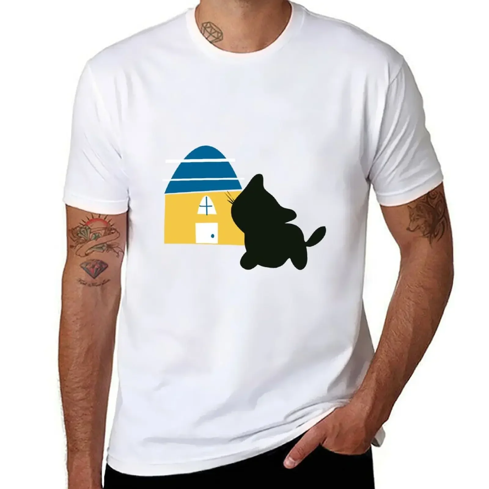 Black Cat & House T-Shirt shirts graphic tees anime t shirts T-shirts for men cotton