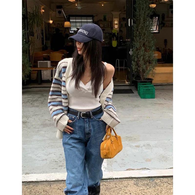 Harajuku مخطط سترة مشغولة من الصوف المرأة خمر سترة طويلة الأكمام ملابس خارجية الكورية المرقعة تريكو الشتاء فضفاض لاعبا #2