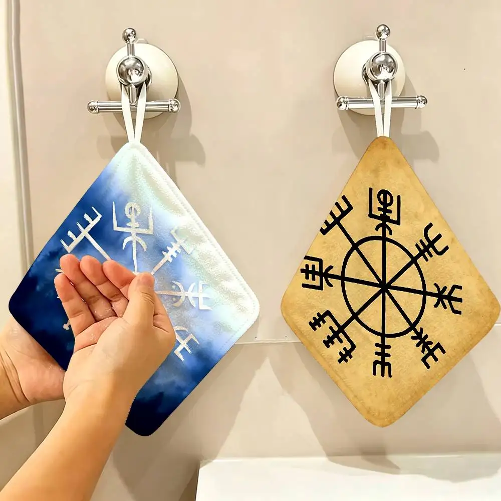 Viking Vegvisir Logo Thickened Polyester Cotton Hanging Towel, High Absorbent Hand Wiping Towel for Indoor Use