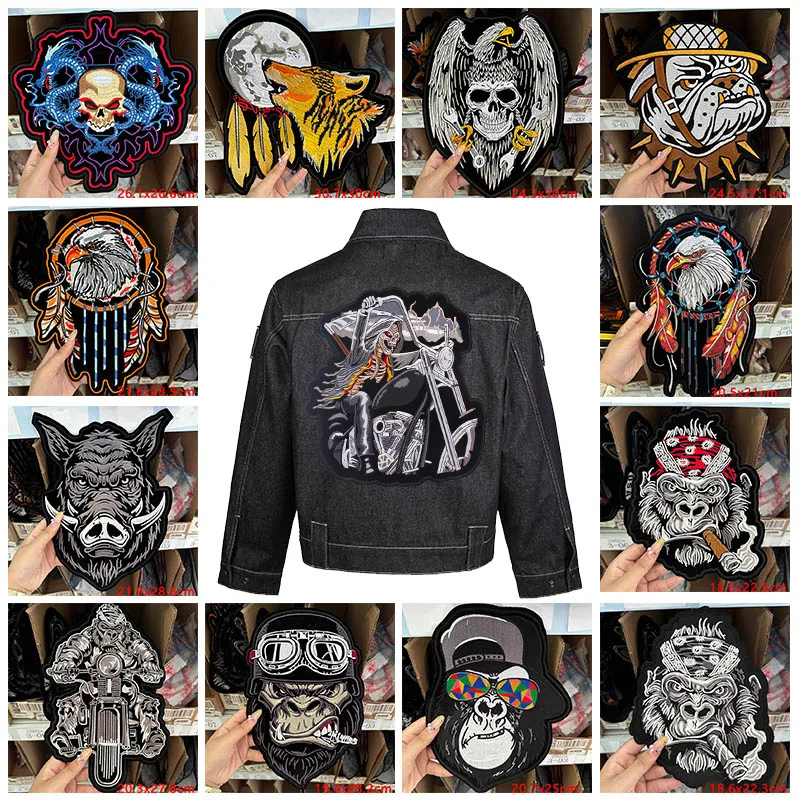 

Large Motorcycle Biker Embroidered Patches For Clothing Stickers Big Punk Rock Patches On Jacket DIY Sew Badges Fusible Applique