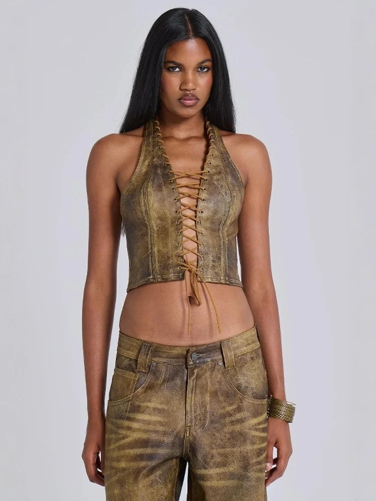 Top Bandeau Sexy e Picante com Decote Vazado e Alça no Pescoço, Design Original com Zíper, Ajuste Slim para o Verão