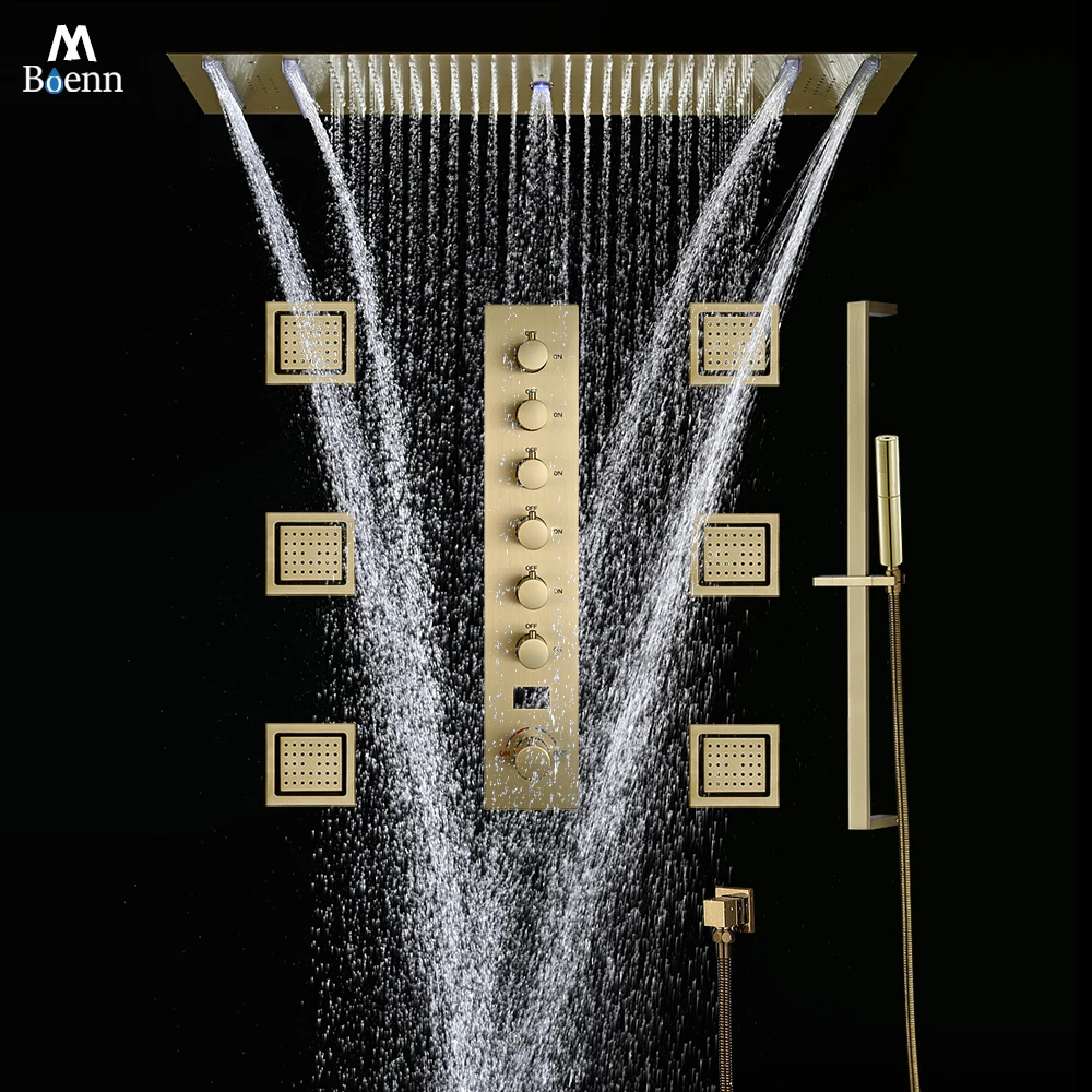 M Boenn Brushed Gold Couple Emotional Appeal Shower System Bathroom Hot Cold Faucet Embedded Ceiling Double Rainfall Shower Head