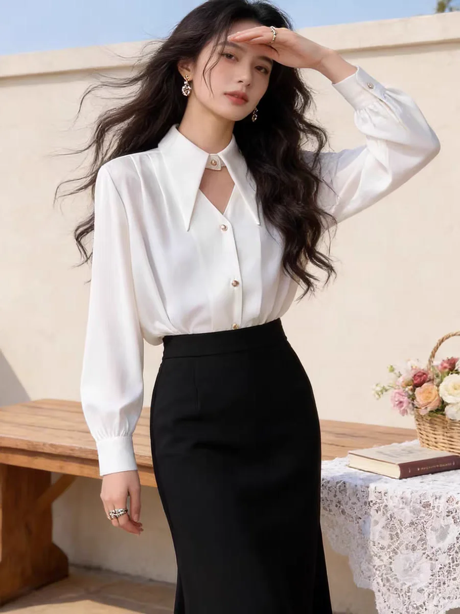 

Women's Satin Shirt Spring Korean Temperament Long-sleeved Button-down Shirts Office Lady Work Wear Female Blouses Top Trend