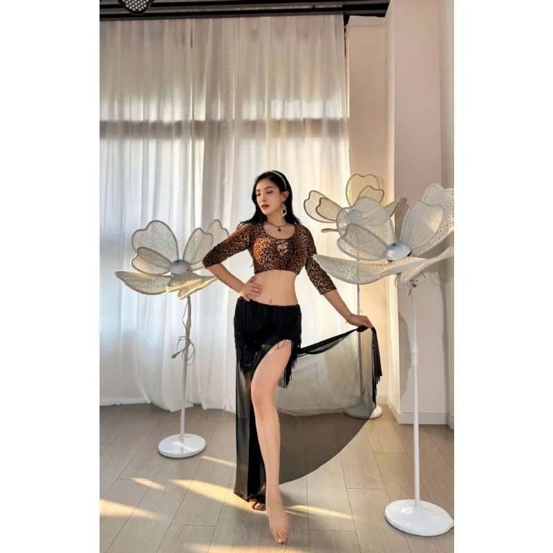 Trajes de dança do ventre personalizados, vestido de prática, conjunto de dança oriental, top gradiente com estampa de leopardo e saia de franja de malha preta