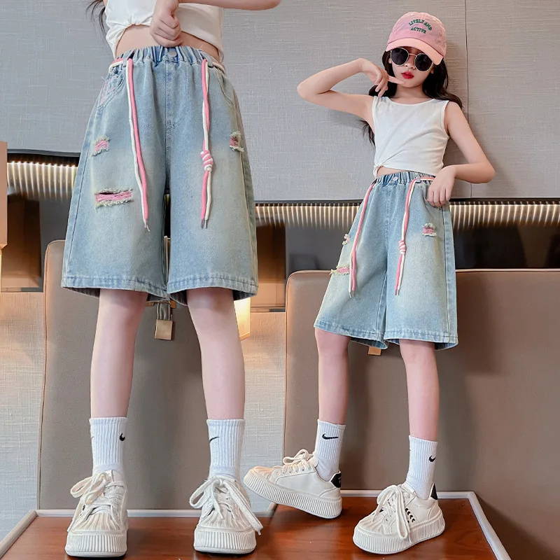 Teen Girls Knee-Length Denim Shorts Kids Elastic Waist Summer Ripped Shorts Pants For Teenager Casual Outfit Age 5 To 14 Years