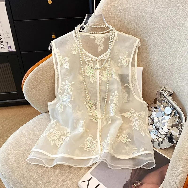 

Ele Embroidered Button-Up Women's Thin Svel Vest Chinese Sle Jaet Bal Design Summer Commute Faion