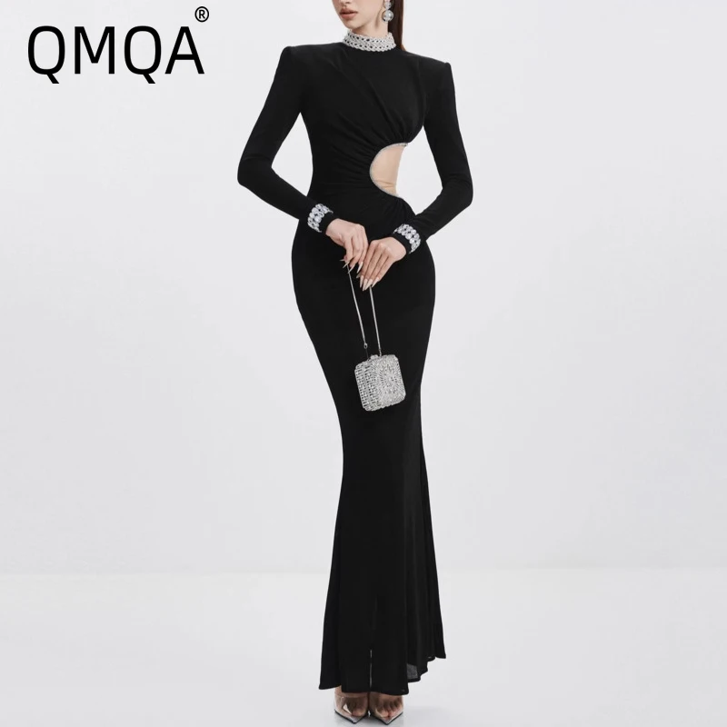 

QMQA Fashion Women's Slimming Evening Dresses Spliced Diamonds Long Sleeved Velvet Dress Light Luxury Female Clothing 1A850