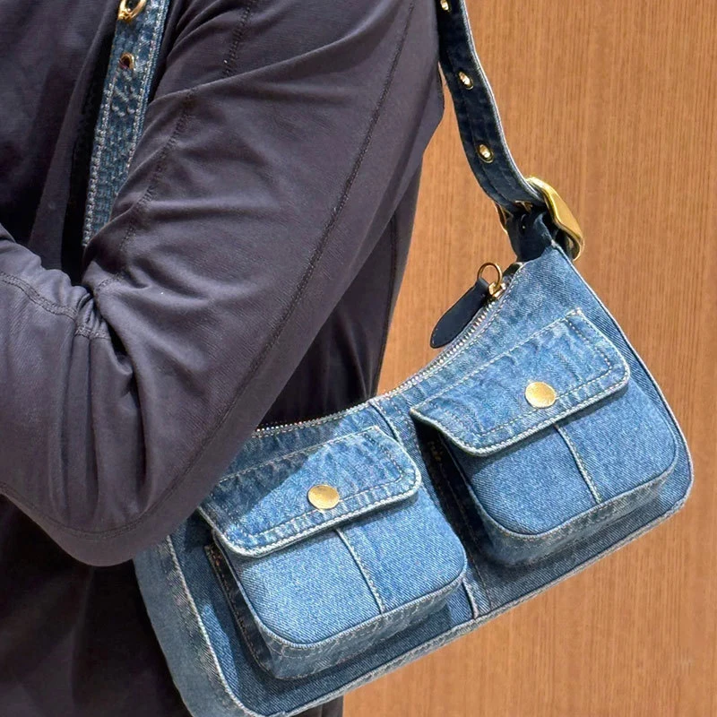 

Vintage Blue Multi-pocket Denim Shoulder Bag For Women Fashion Brand New Gold Metal Underarm Bag High-end Zipper Luxury Purse