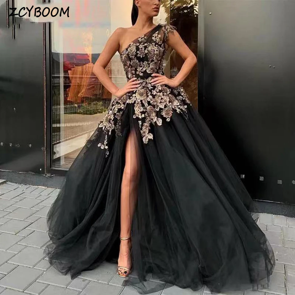 Apliques elegantes Vestidos de noite de um ombro, Linha A, até o chão, tule, fenda lateral, sem mangas, zíper, personalizado, vestido de baile, 2023