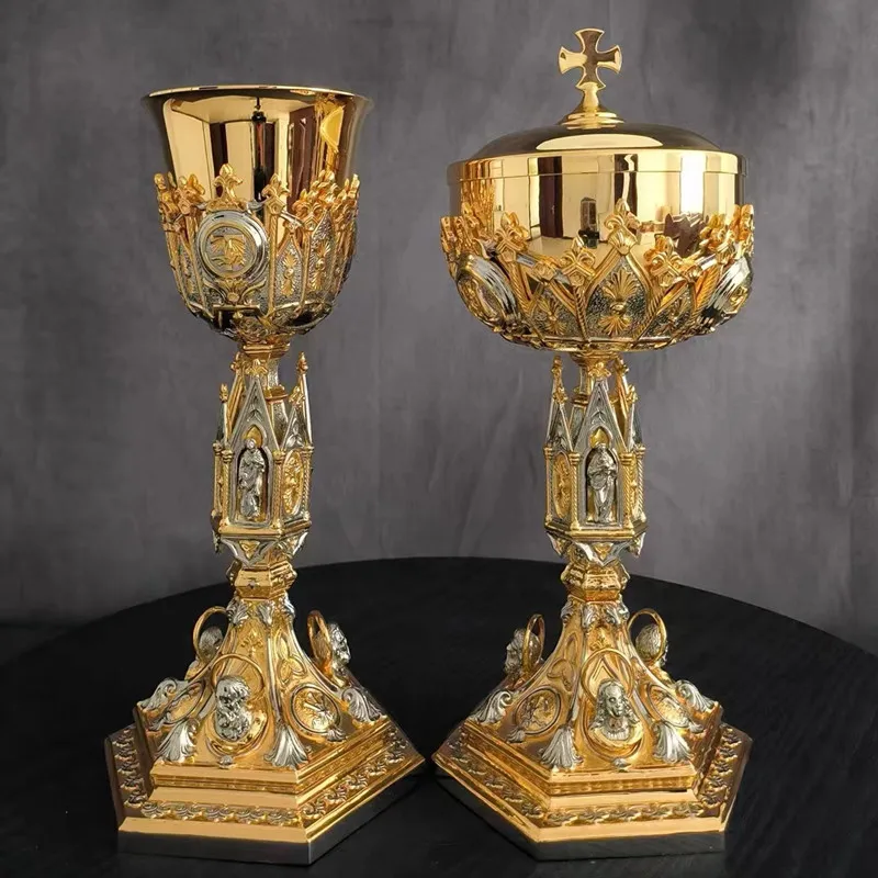 Catholic Brass Chalice With Platen Cross Ciborium Ciboria With Cover Gilded and Nickel-Plated Set Church Deco