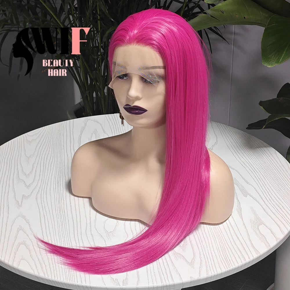 WIF Long Straight Brilliant Pink Color Synthetic Wig Silk Straight Rose Pink Hair Heat Friendly Fiber Makeup Cosplay Women Wigs