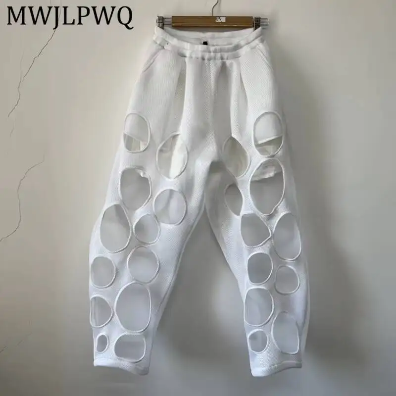 MWJLPWQ White Mesh Hollow Circle Cutout Harem Pant Elastic Drawstring Waist Lined Inside Men Street Loose Casual Bottom 16932