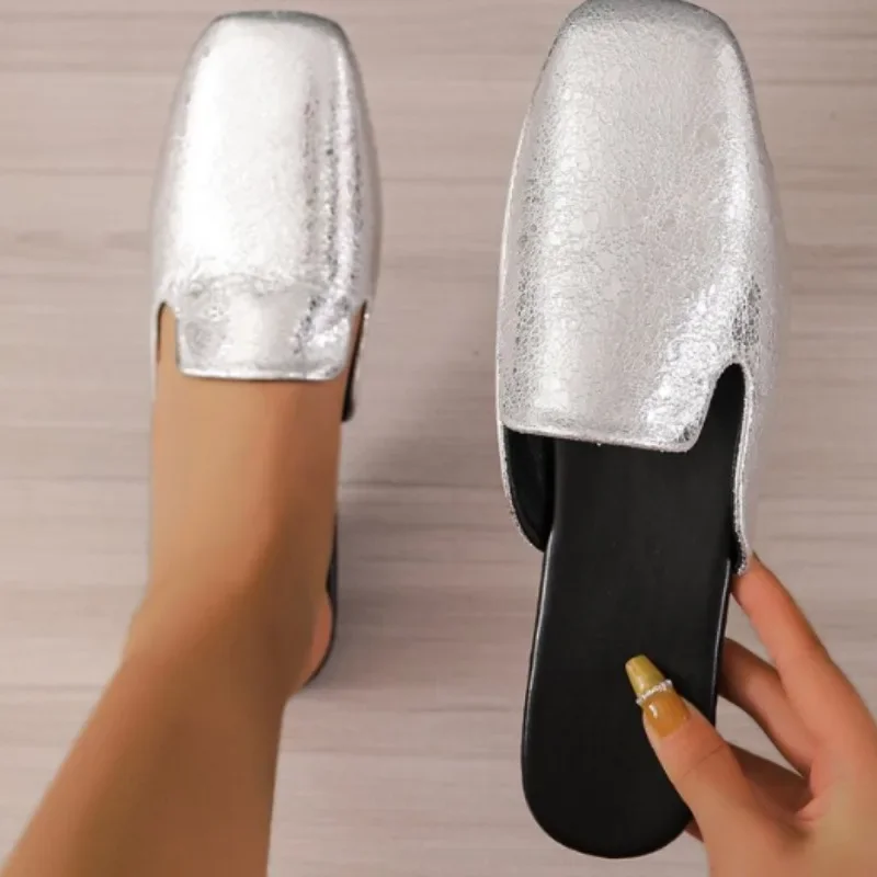 Summer Flat Shoes Women\'s Closed Toe Slippers New Square Toe Light Slip on Mules for Women Outdoor Ladies Causal Slides Shoes