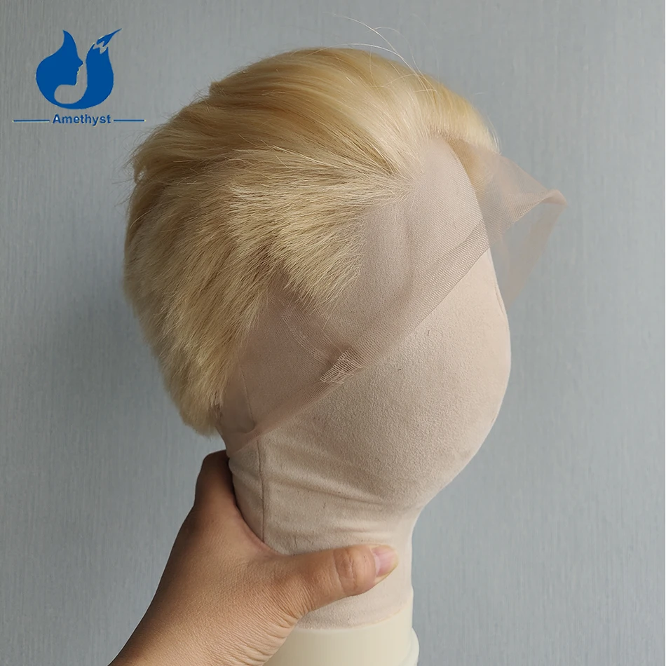 Amethyst Straight Full Lace Wig 613 Blonde Brazilian Remy Hair Pre-Plucked Short Bob Pixie Cut Shaved Boy Style for Men