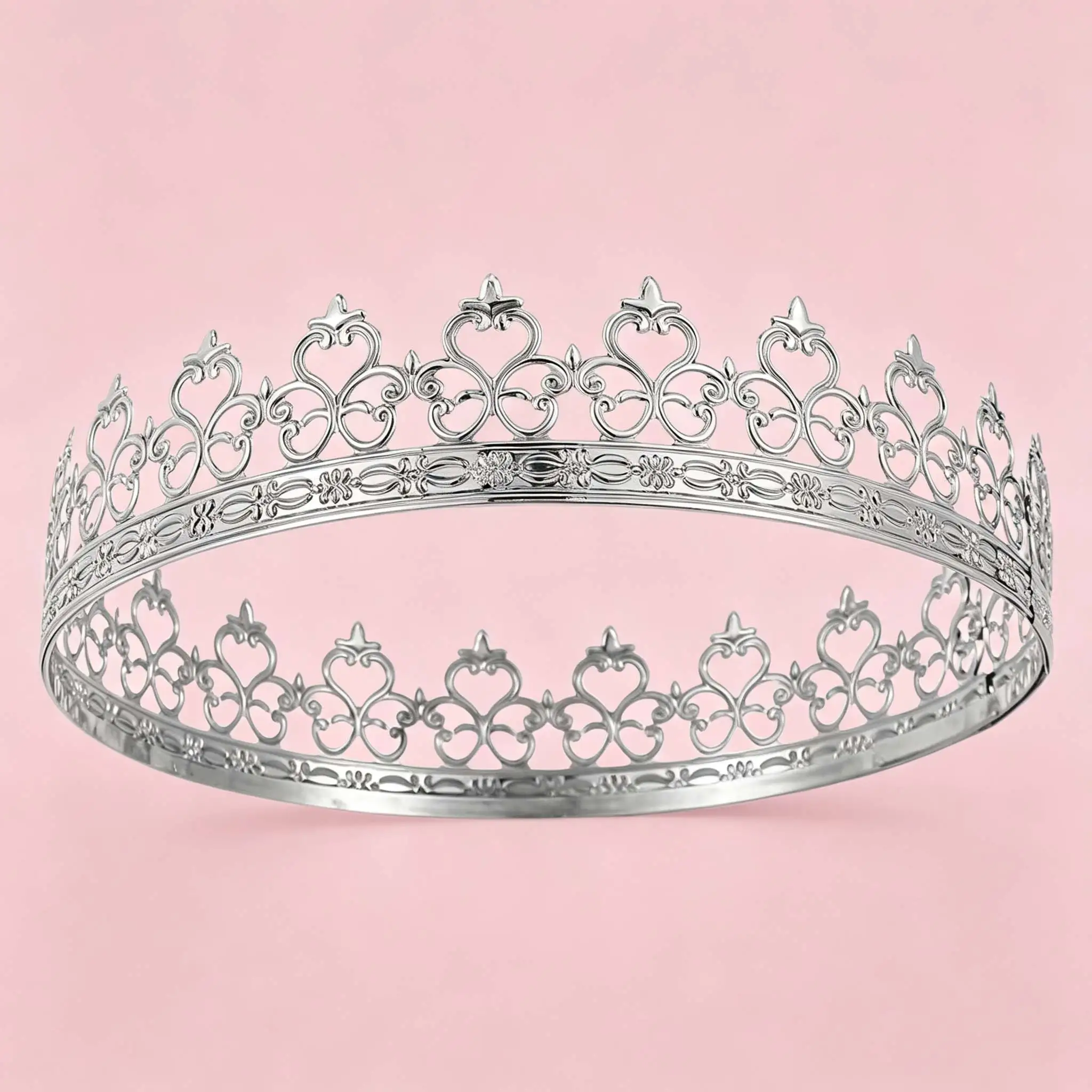 Vintage-style heart-shaped filigree full-round crown/king's headpiece—suitable for weddings, banquets, proms, and royal-themed p image 6