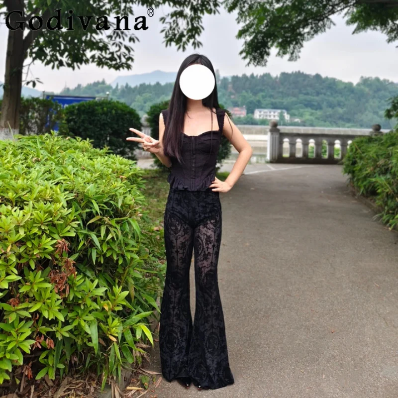 New Black Elastic Waist Lace Sexy Dance Flared Pants Girl Personality Gauze Hollow Out Subculture Simple Leisure Trousers