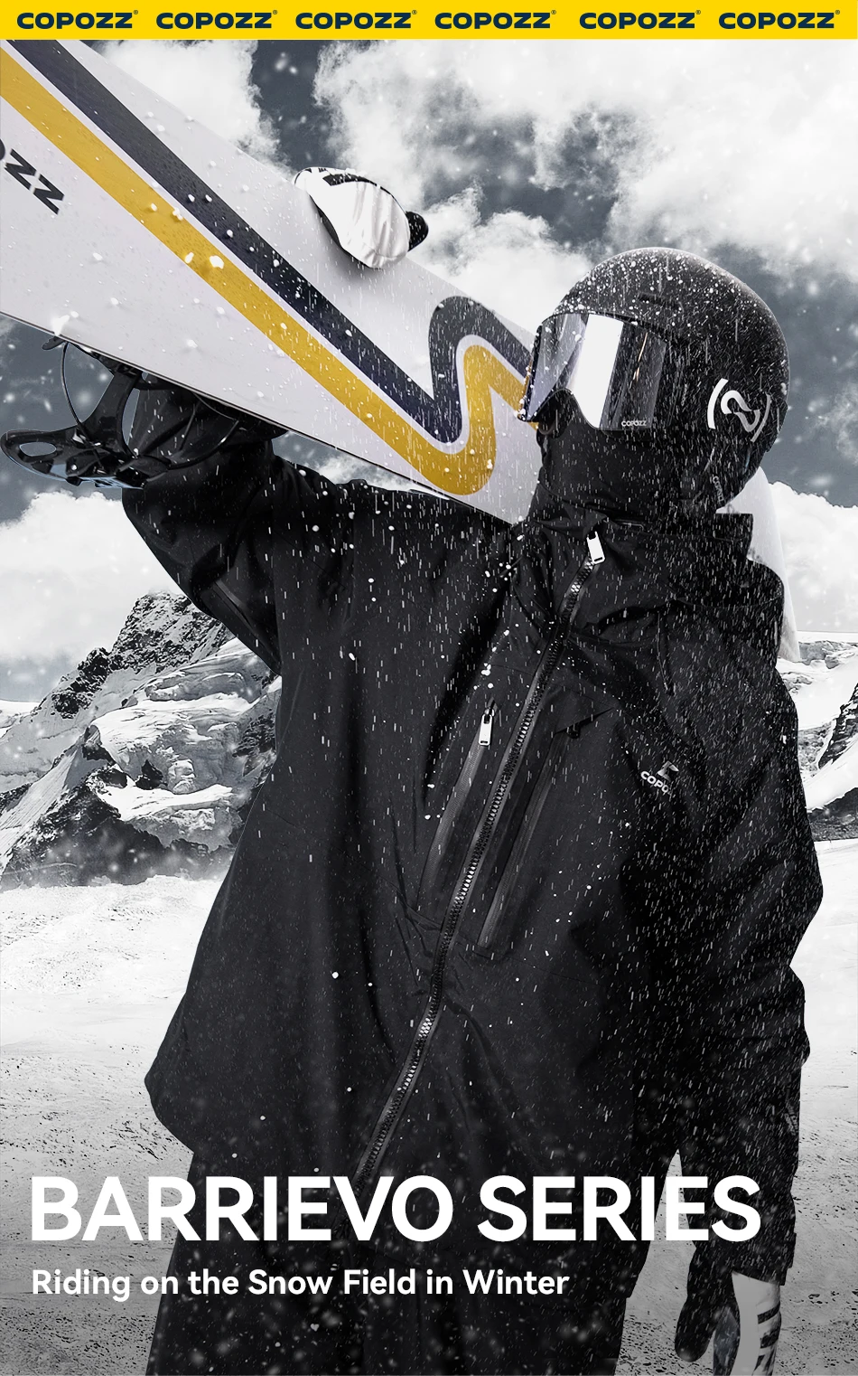 COPOZZ Verdickte 3L Skijacke für Herren und Damen, winddicht, wasserdicht, Winter-Ski-Mantel, Skibekleidung, einfarbig, mit Kapuze, warmer Snowboard-Skianzug – Detail 2