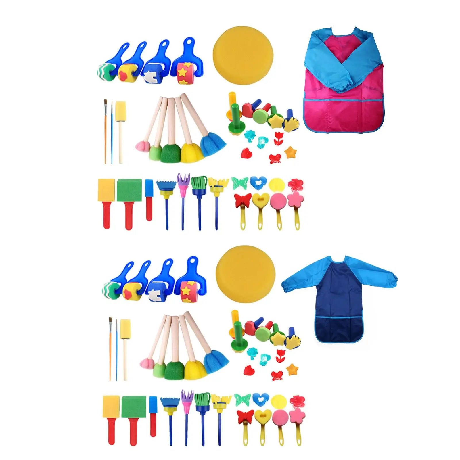 Spugne e pennelli per pittura per bambini con materiali artistici e grembiule