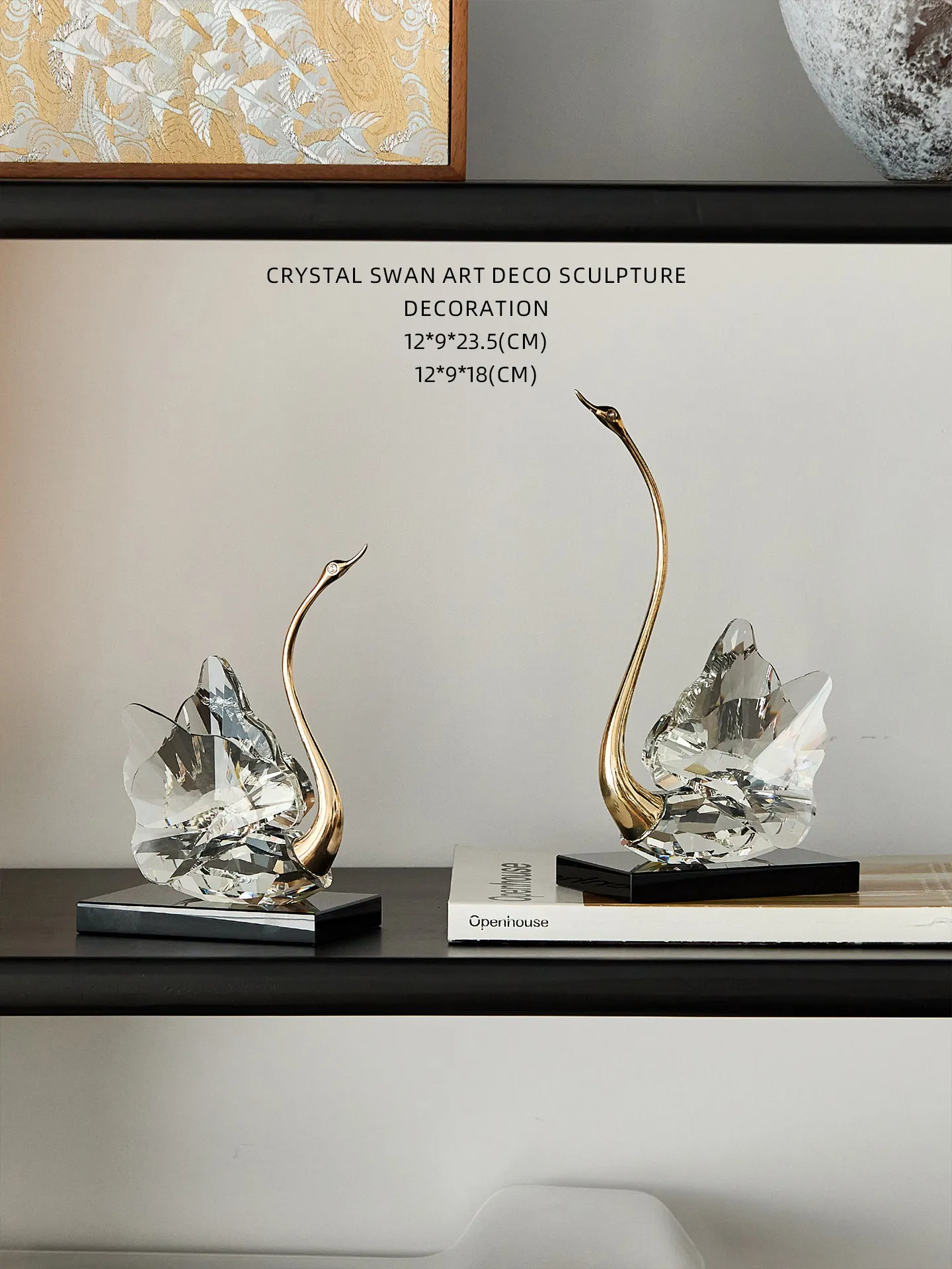 Glass Handicrafts Crystal Swan Simulated Bird Swan Couple Animal Sculpture Golden Metal Figurine Home Decoration Accessories