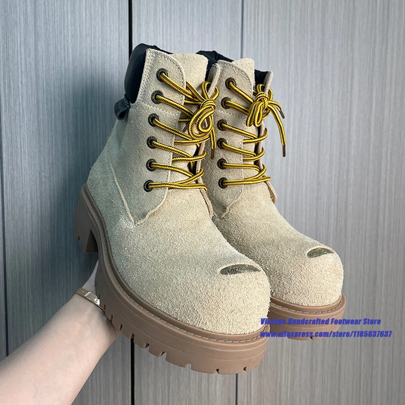 Red Suede Thick Sole Men's Boots Round Toe Platform Lace Up Ankle Booties Luxury Designer Trendy Height Increasing Men's Boots view 6