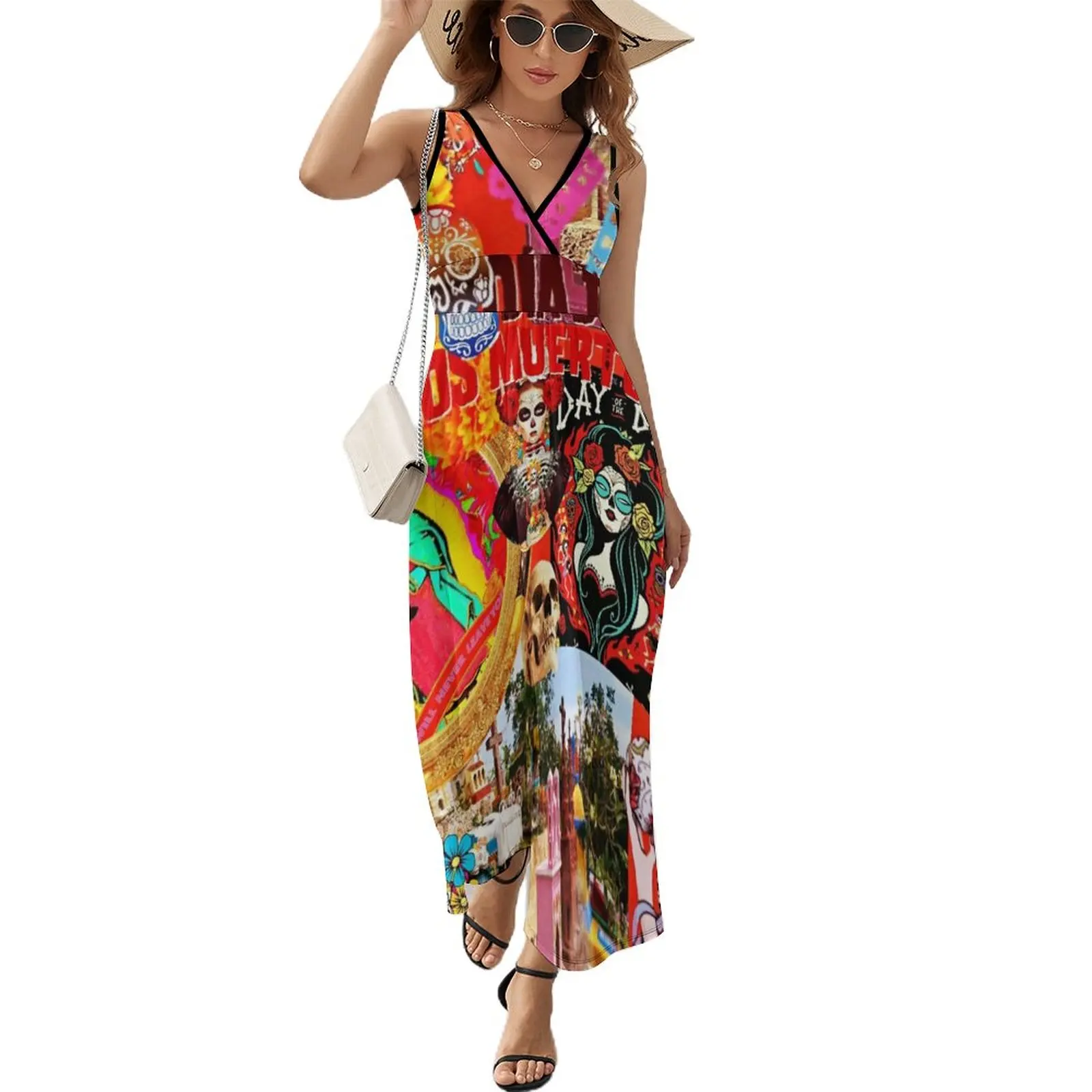 

Day of the Dead Collage Halloween Dia De Los Muertos Sleeveless Dress african dresses for woman women evening dress