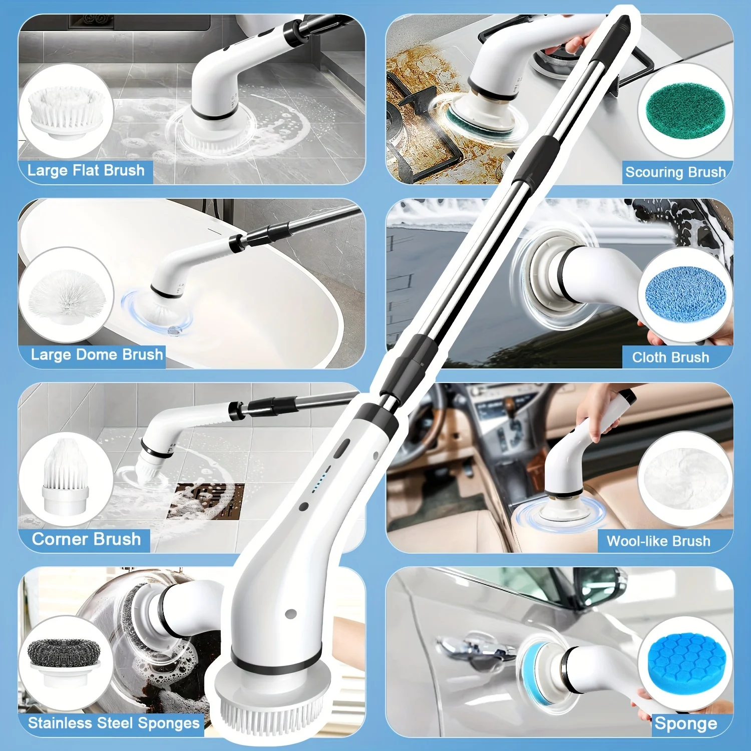 مجموعة واحدة، Ultimate - سرعتان، 8 رؤوس فرشاة قابلة للاستبدال، ذراع تمديد قابل للتعديل، منظف دش لاسلكي للتنظيف بدون جهد