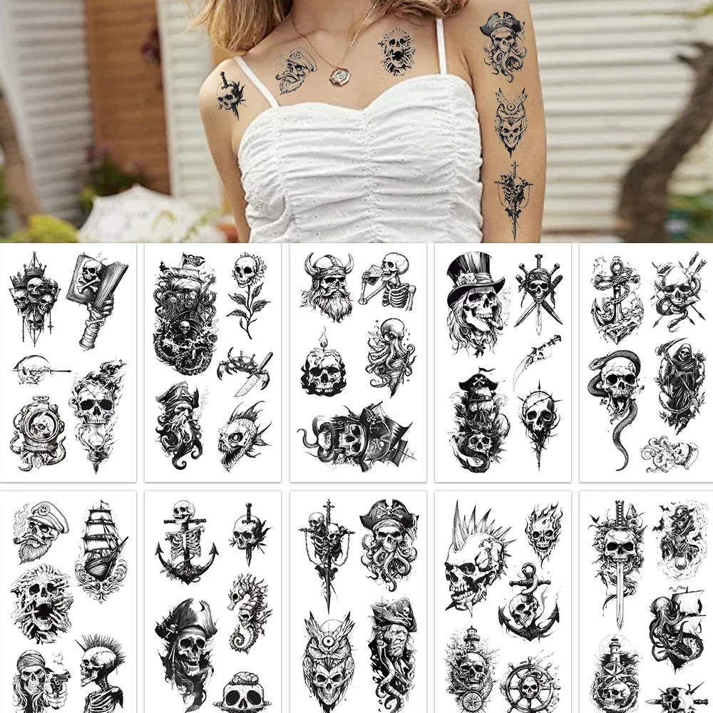 10PCS Pirate Skull Tattoo Sticker Skull Head Fake Tattoo Personalized Retro Tattoo Waterproof Durable