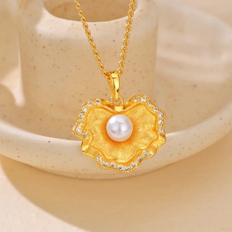 قلادة نسائية على شكل صدفة من اللؤلؤ مرصعة بالألماس وسلسلة الترقوة #1