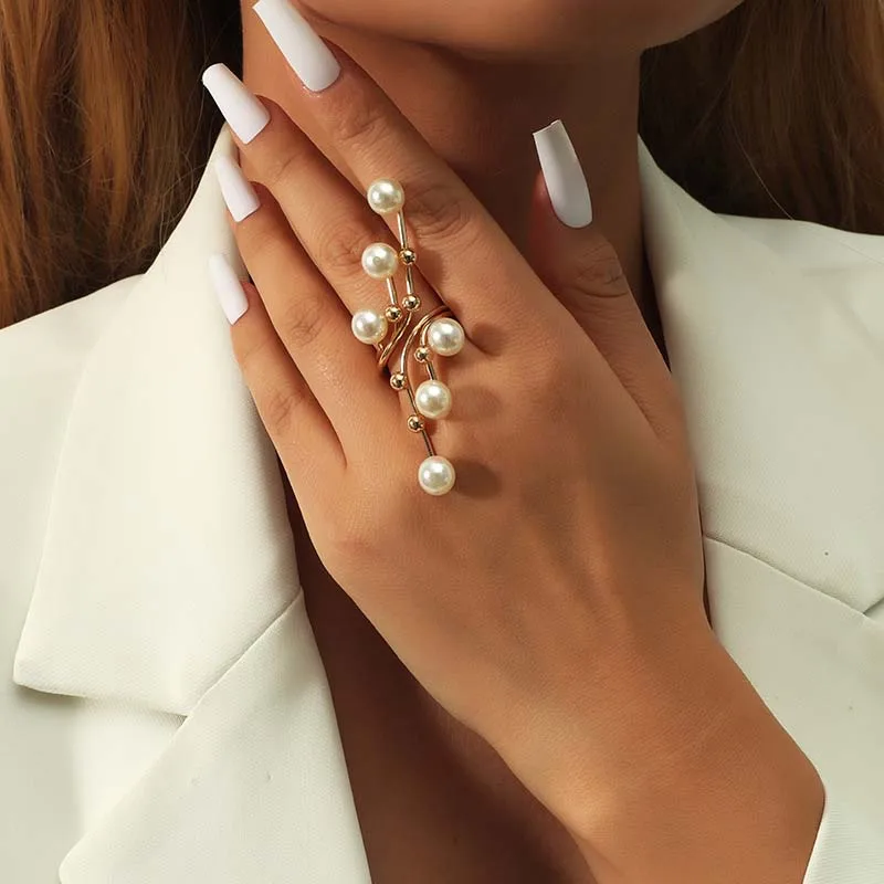 Vintage White Pearl Geometric Rings For Women Exaggerated Metal Irregular Double Layer Large Pearl Rings Party Jewelry