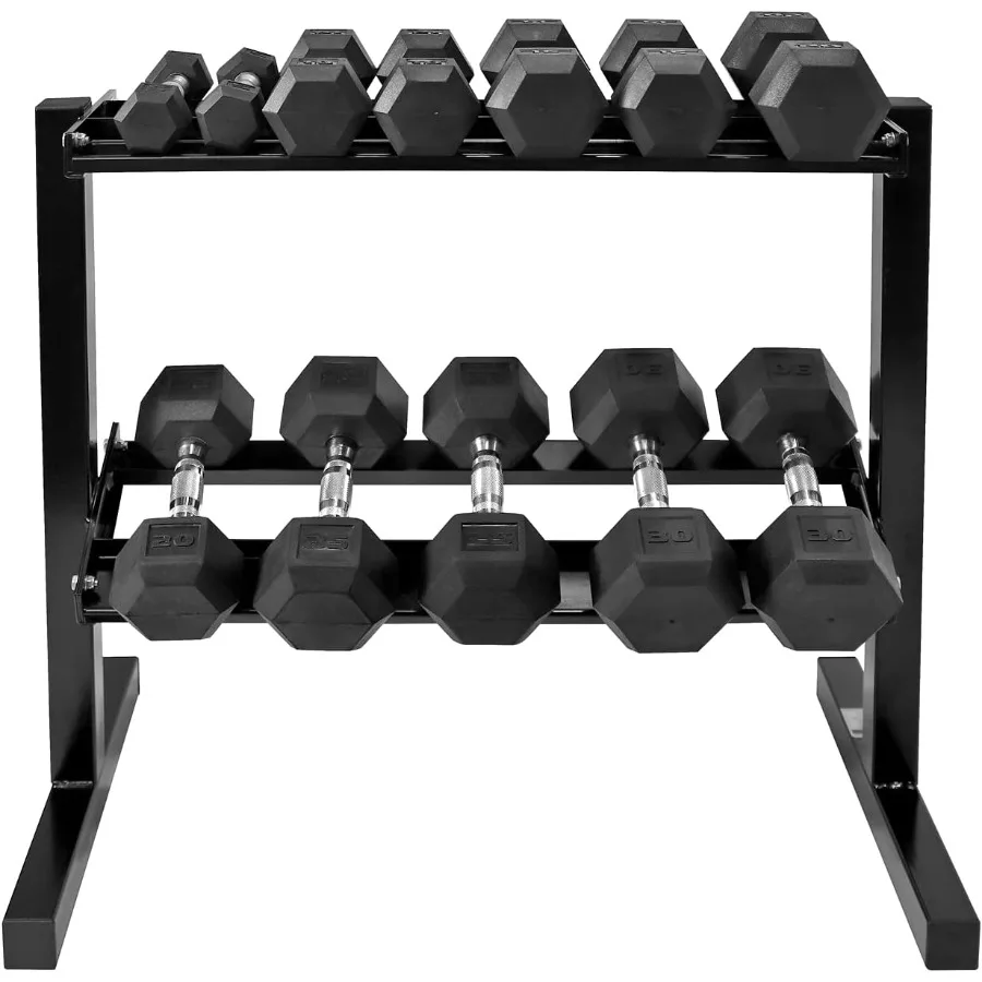 Gummibeschichtetes Sechskant-Hantel-Set mit zweistufigem Premium-Aufbewahrungsregal für Kraftbau, Gewichtsverlust und Heim-Fitnessstudio – 30-LB-Set