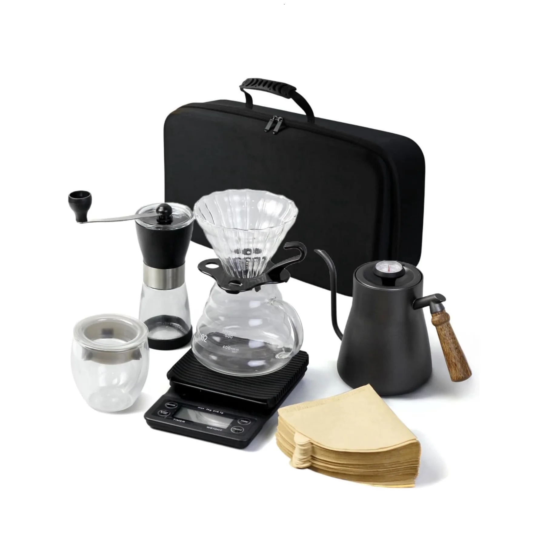 Pour Over Coffee Maker set,Coffee Kit with Carry Case,Thermometer Coffee Kettle,Filters,Scale,Double wall Mug,Manual Grinders