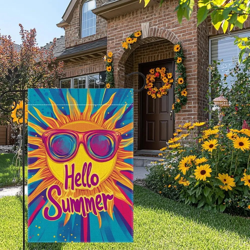 Hello Sunshine Summer Garden Flag for Outside 12x18 Inch Double Sided Burlap Colorful Sunshine Farmhouse Holiday Yard Flag D EEZ