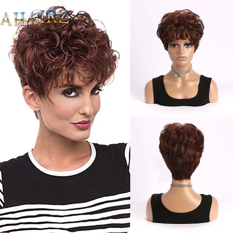 

Short Pixie Cut Brown Synthetic Wigs with Bangs Curly Hair Wigs for Women Daily Cosplay Wig Heat Resistant Fiber